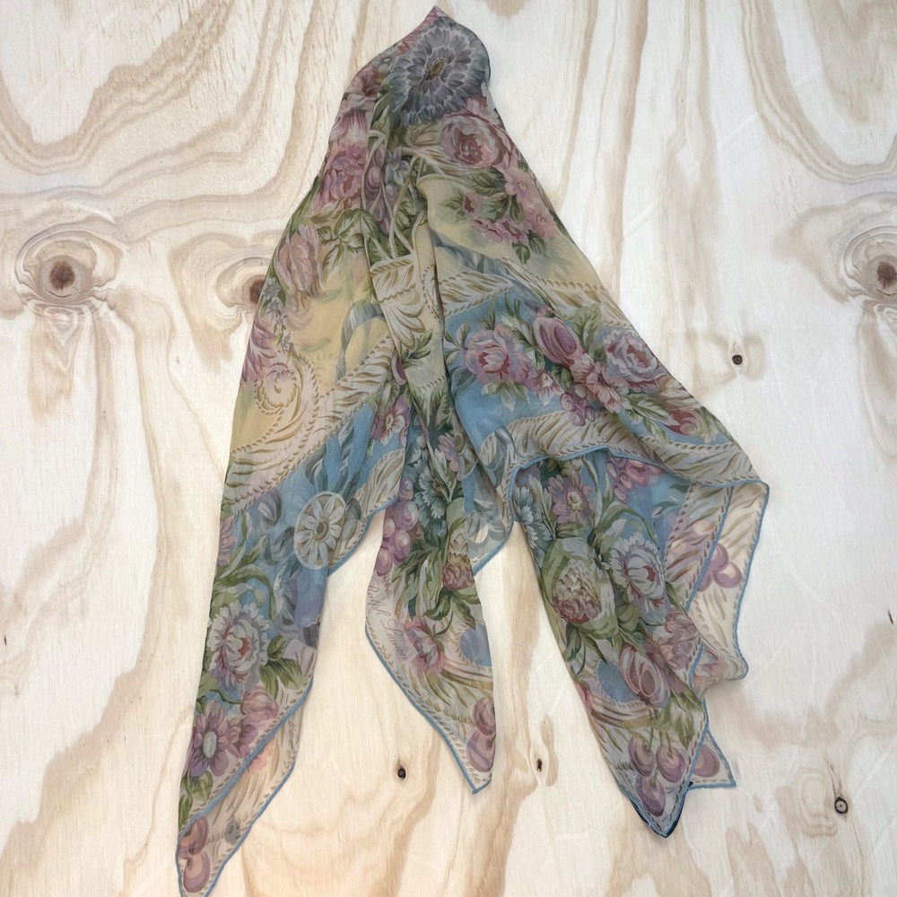 Ralph Lauren Silk Square Scarf Blue Pink Floral Fruit Garden Made in Japan 34in - Picture 2 of 5